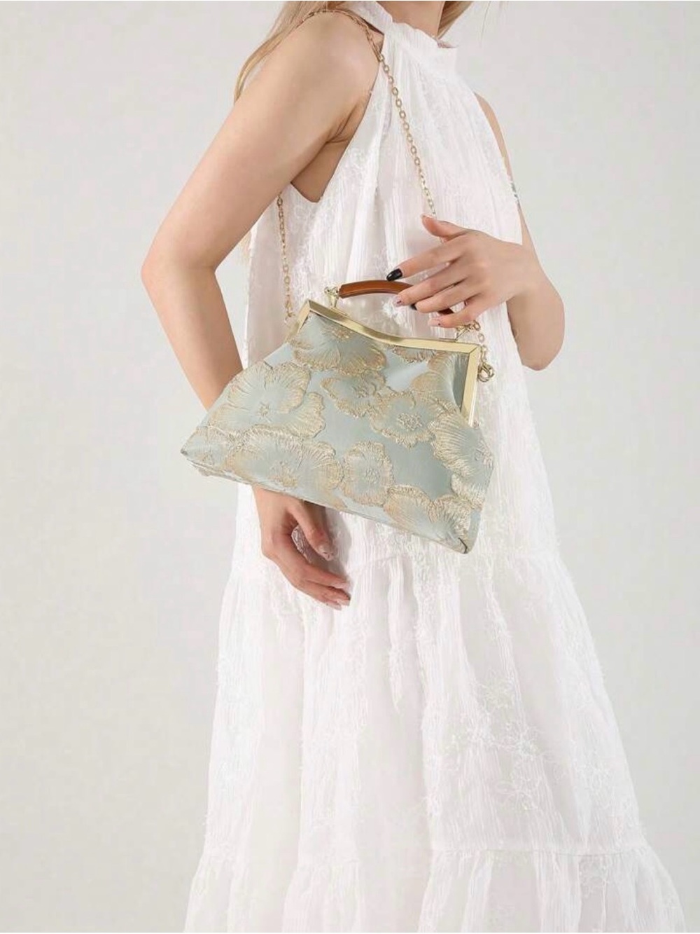 NEW Elegant Floral Top-Handle Bag with Shoulder Chain - Picture 3 of 7
